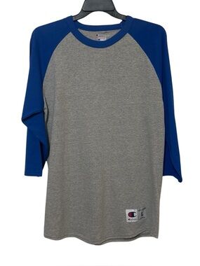 Champion Authentic Gray & Blue 3/4 Raglan Baseball T-Shirt Size L